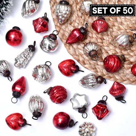 Set of 50 Pieces Red and Silver Tiny Christmas Ornaments In Assorted Styles